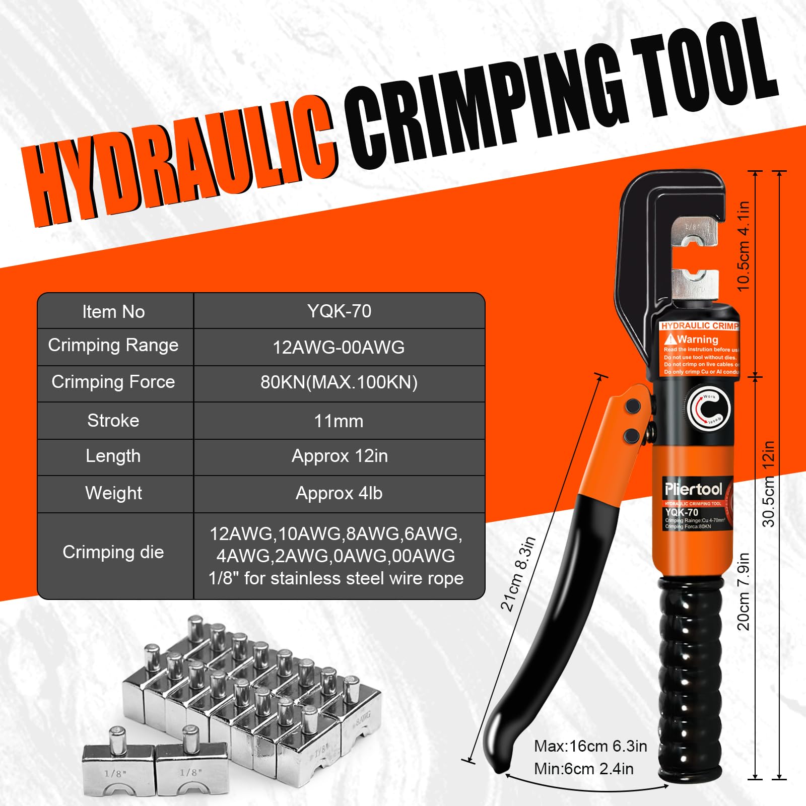 Pliertool dies set 12-2/0 AWG close-up shows precise hex crimps.