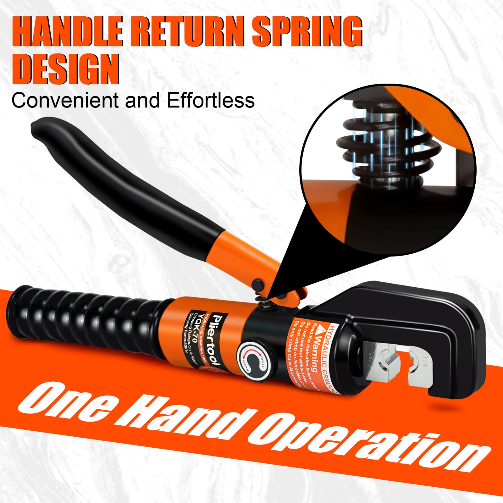 Pliertool crimper showing automatic-retract-handle-action for one-handed operation.