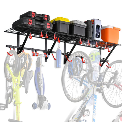 PLKOW garage wall shelf with bike hooks showing organized bikes and tools