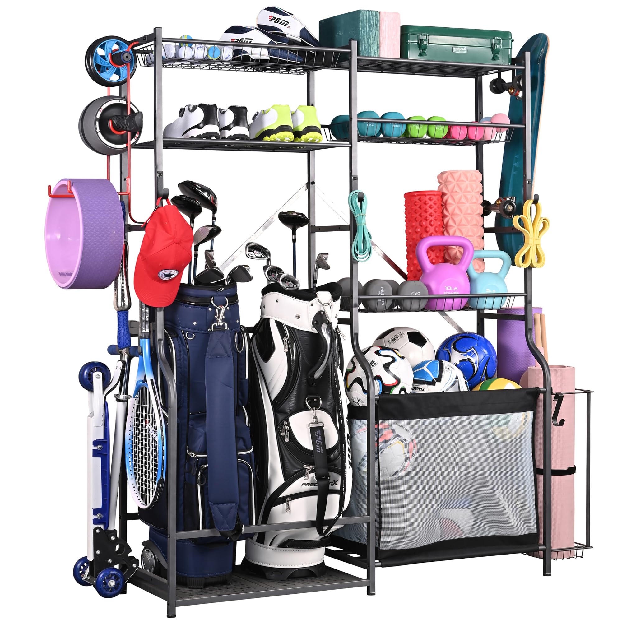 PLKOW golf bag rack in garage keeps gear organized and accessible.