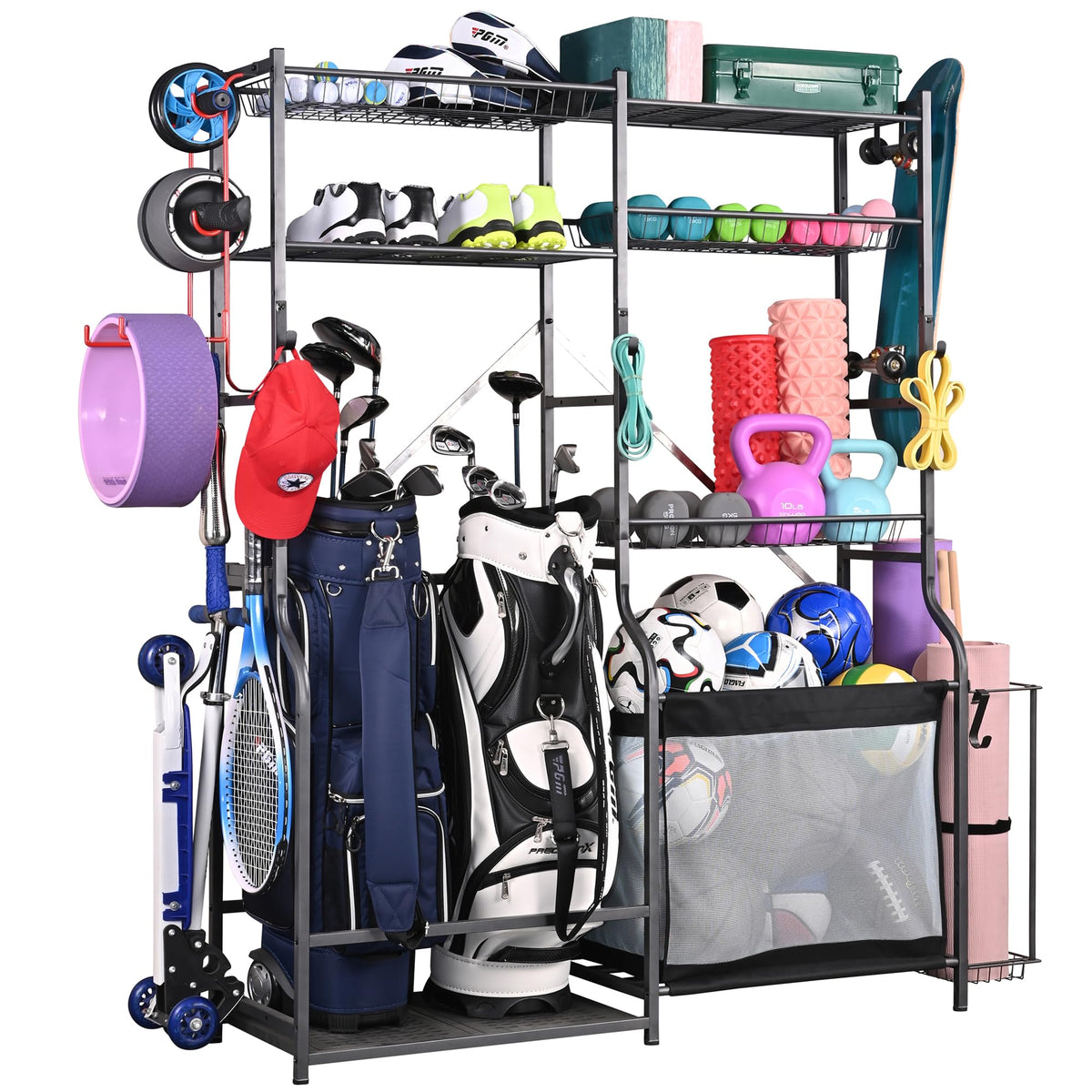 PLKOW golf bag rack in garage keeps gear organized and accessible.