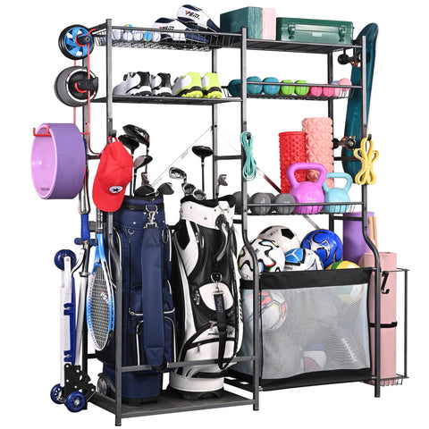 PLKOW golf bag rack in garage keeps gear organized and accessible.