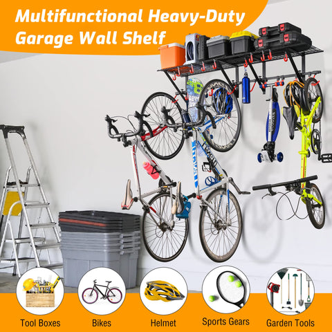 PLKOW overhead storage rack used for seasonal gear in a garage