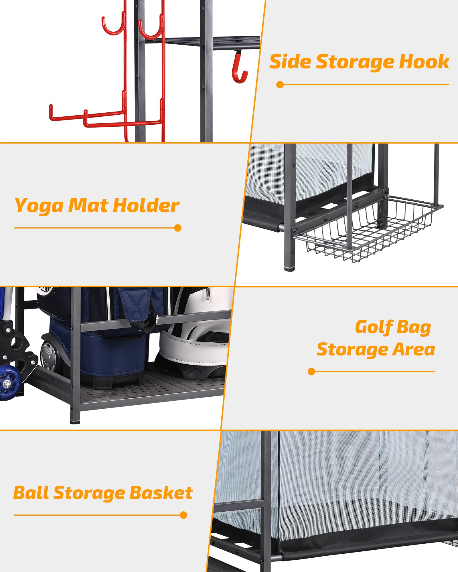 PLKOW storage shelves offer versatile space for clubs, weights, and gear.
