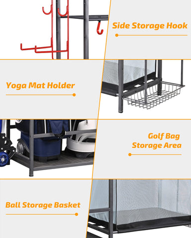 PLKOW storage shelves offer versatile space for clubs, weights, and gear.