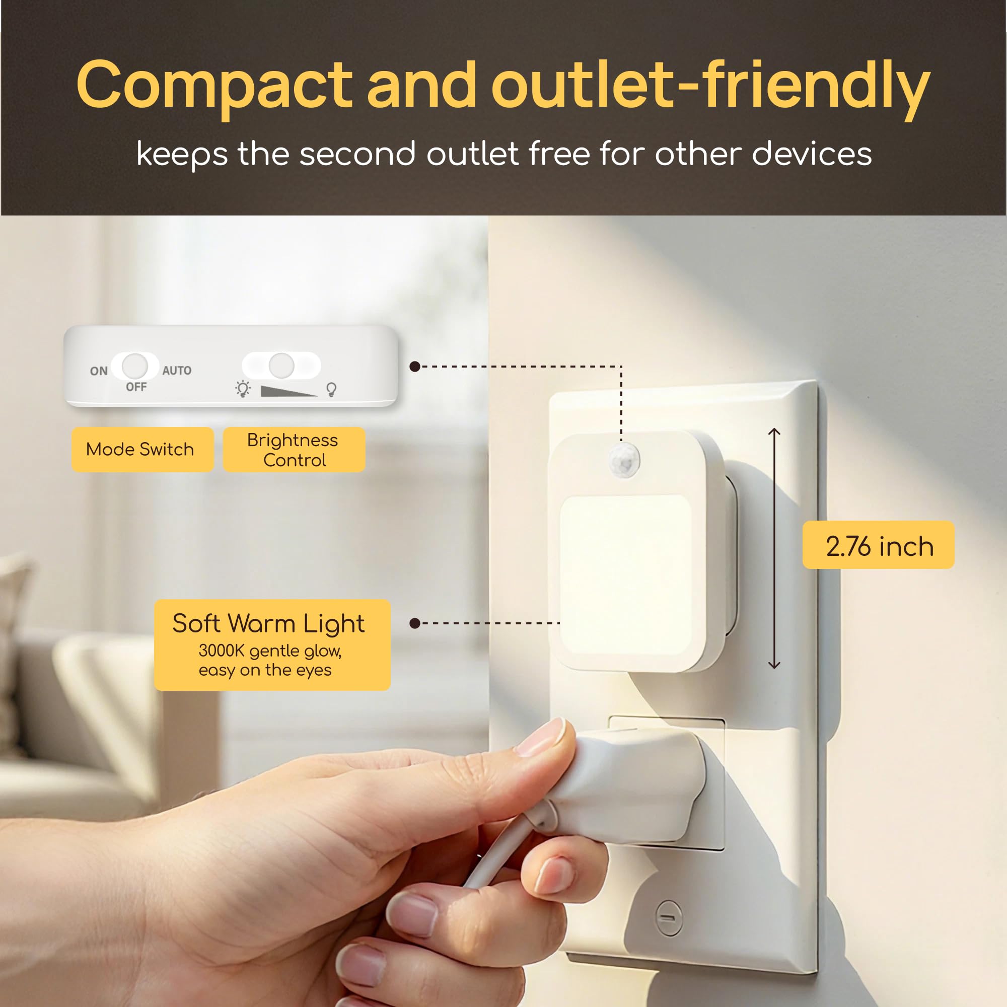 Plug-in night light bedroom use guides safe nighttime navigation.