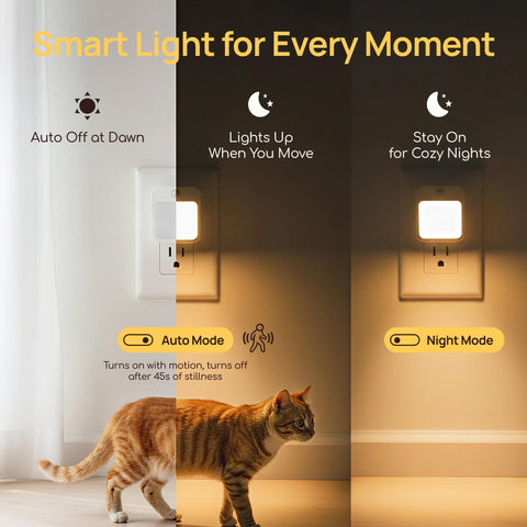 Plug-in night light dusk-to-dawn sensor glows softly in ambient darkness.