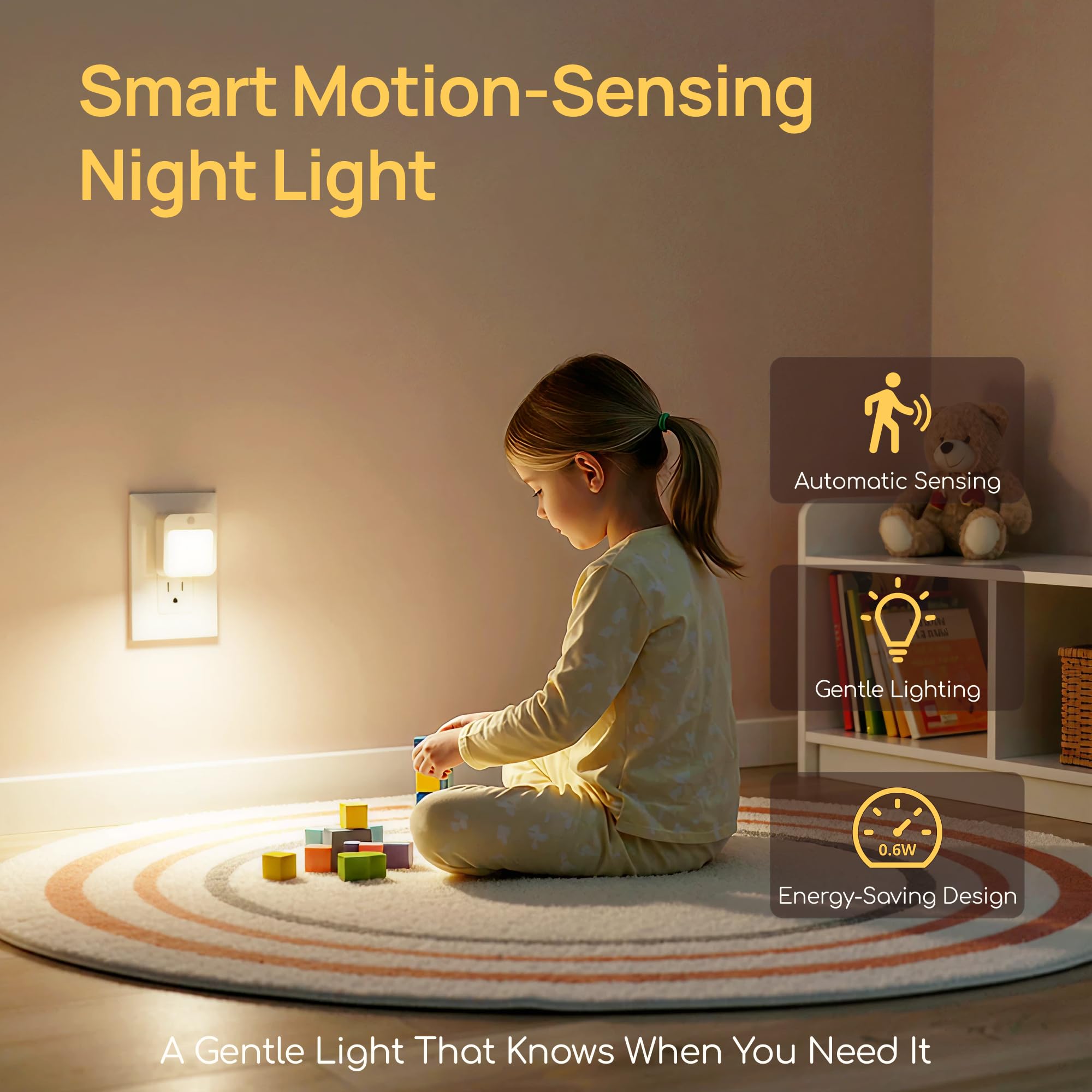 Plug-in night light motion sensor in hallway provides hands-free guidance.