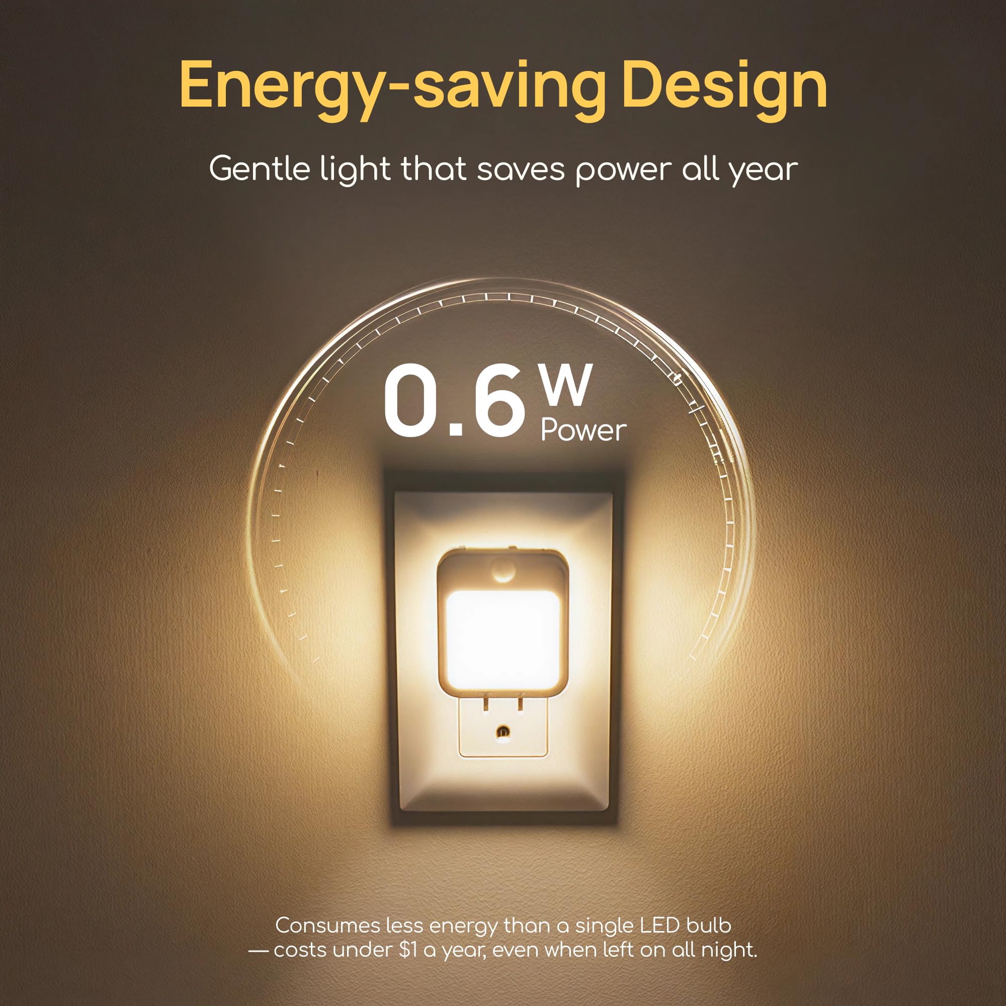 Plug-in night light plug-in design requires no batteries.