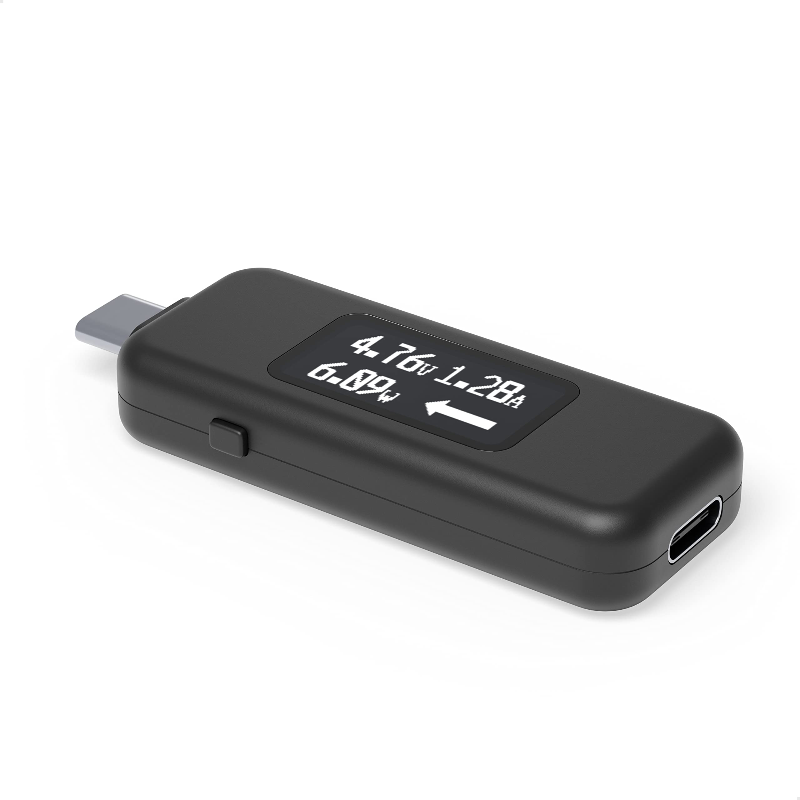 Plugable USB C Power Meter tester, front view showing connection ports and OLED readout