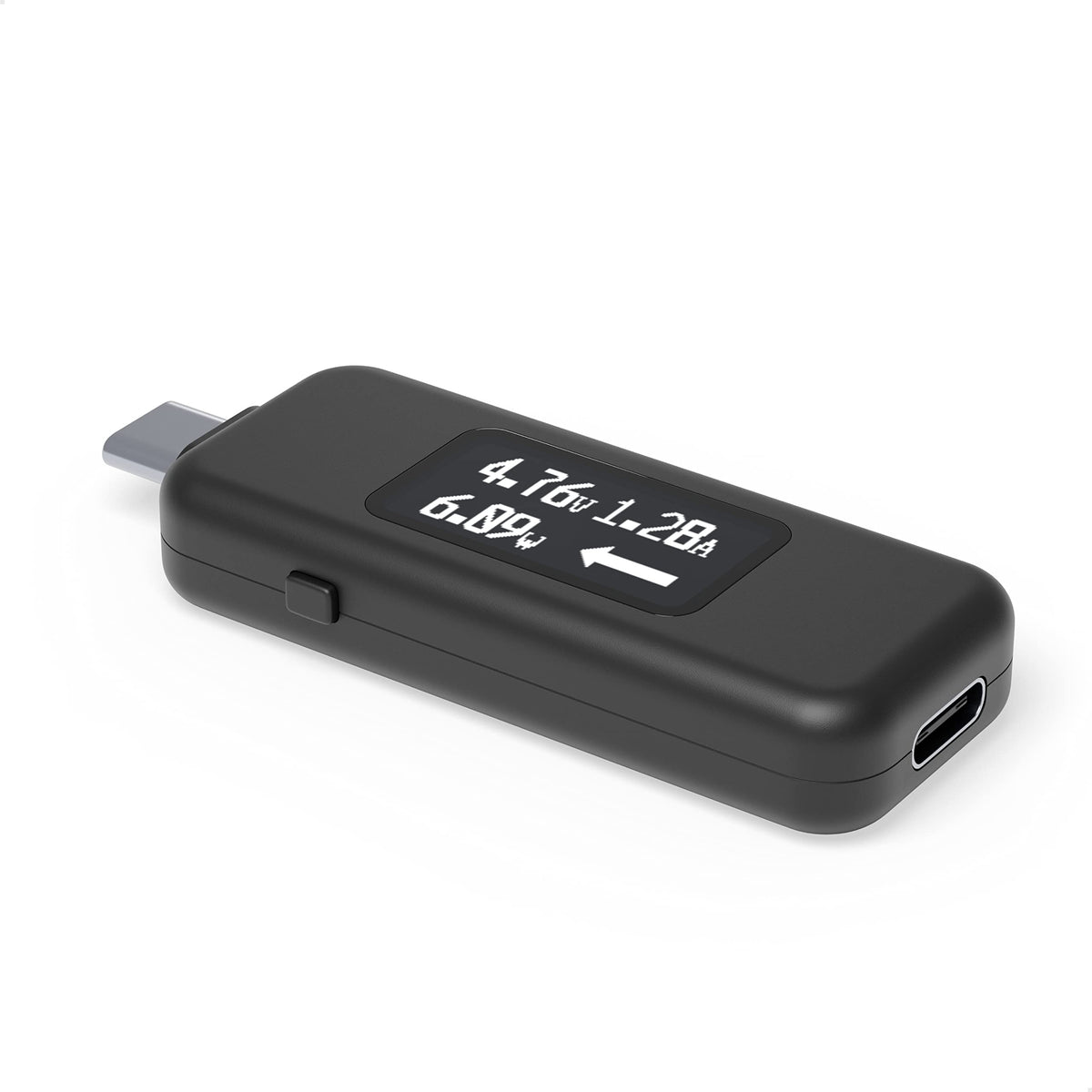 Plugable USB C Power Meter tester, front view showing connection ports and OLED readout