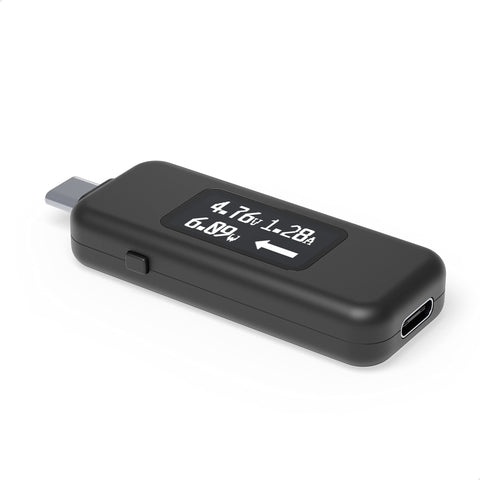 Plugable USB C Power Meter tester, front view showing connection ports and OLED readout