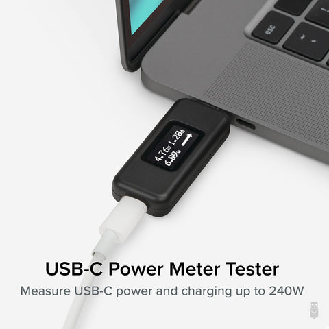Close-up of Plugable power meter OLED display with measurement visuals
