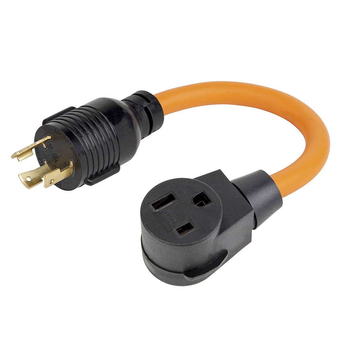Plugrand NEMA L6-30P to 6-50R adapter cable, compact 1.5ft reach for tight spaces.