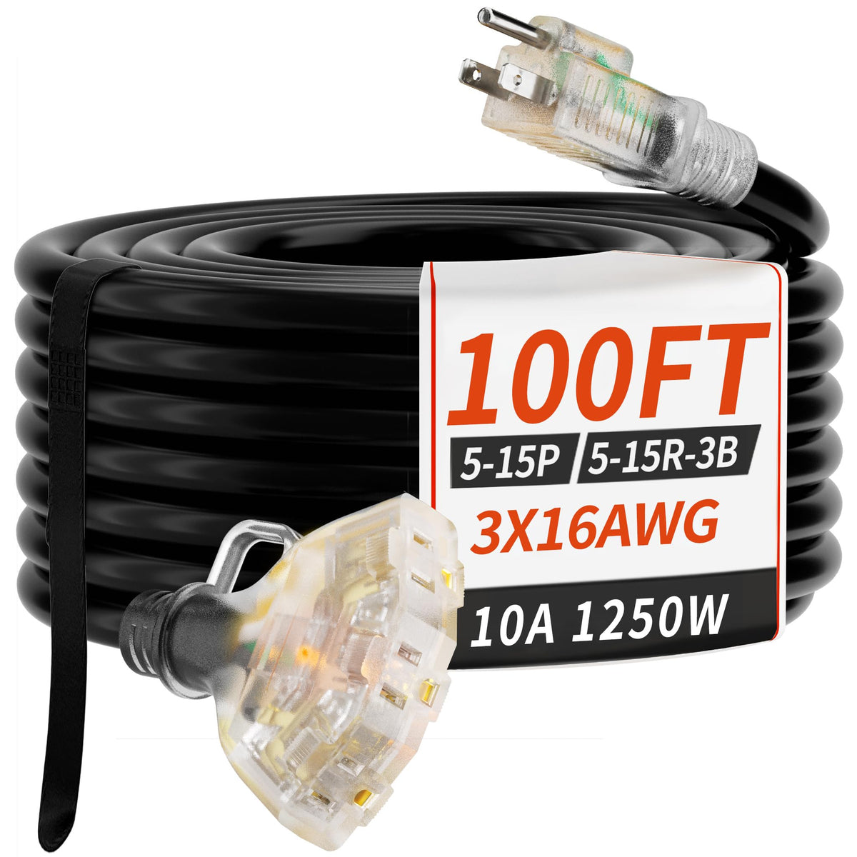 PlugSaf 100ft outdoor extension cord showing length for long-range outdoor power