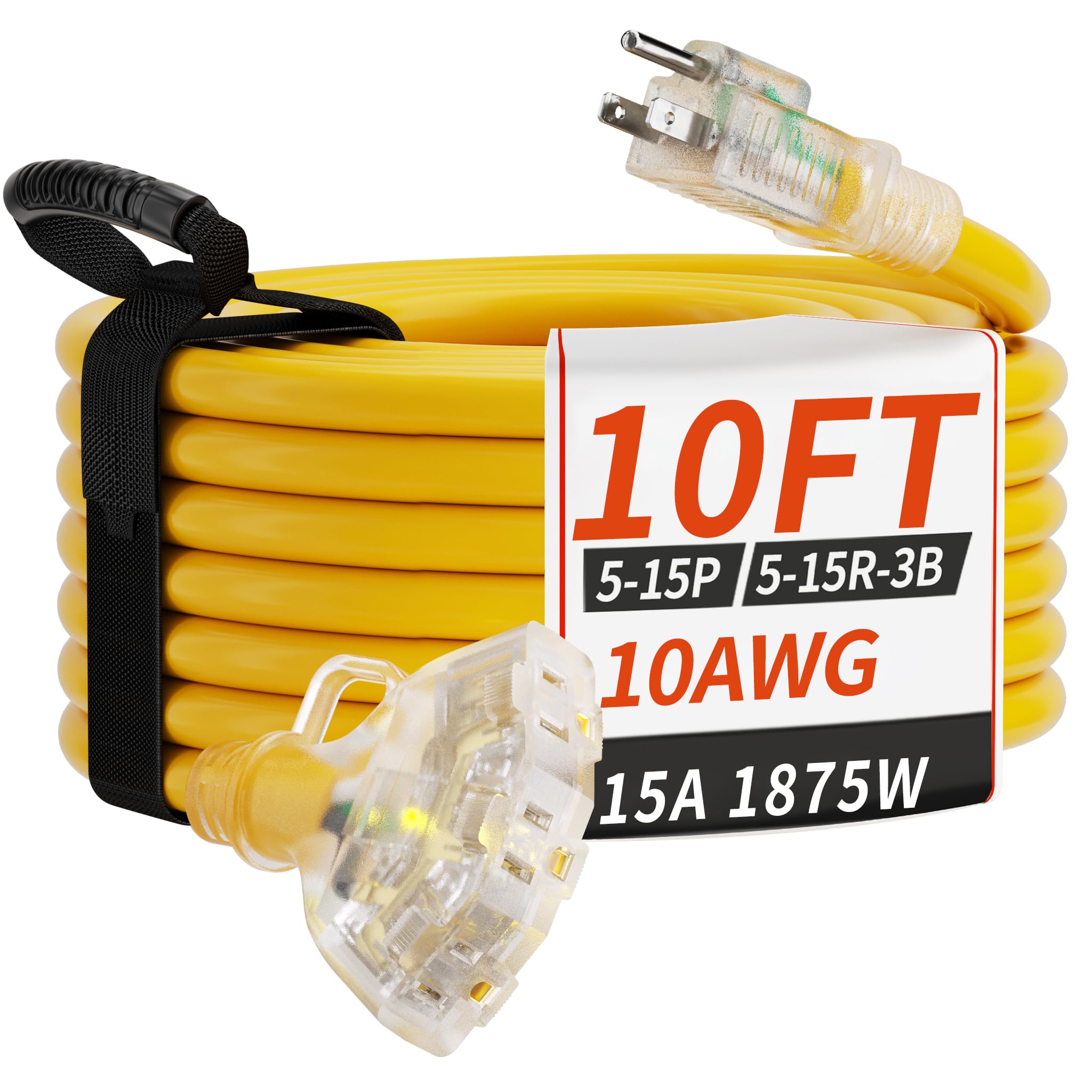 PlugSaf 10 ft three-outlet outdoor extension cord with LED power indicator.