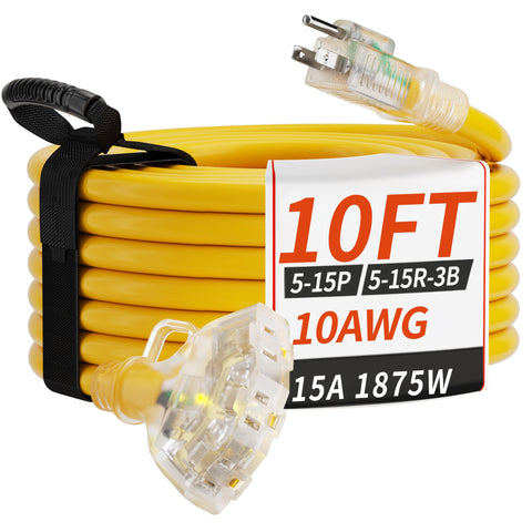 PlugSaf 10 ft three-outlet outdoor extension cord with LED power indicator.