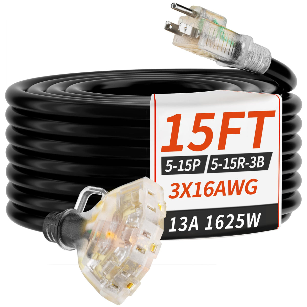 Plugsaf 15 ft outdoor extension cord with three outlets and LED indicator for quick power checks