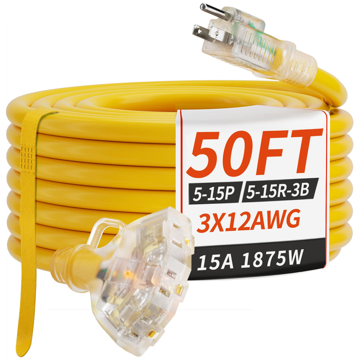 PlugSaf 50-foot outdoor extension cord with three outlets for versatile outdoor power.
