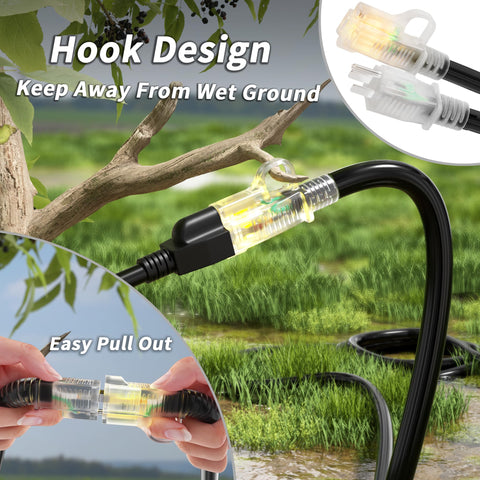 PlugSaf extension cord with lighted indicator showing power status outdoors