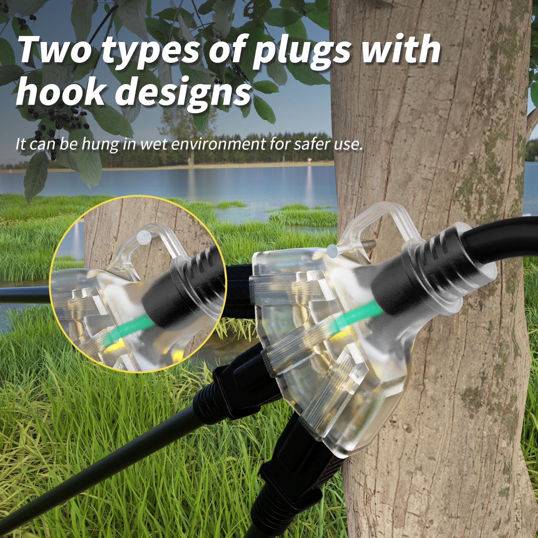 Plugsaf flexible outdoor extension cord with bendable tail for easy placement