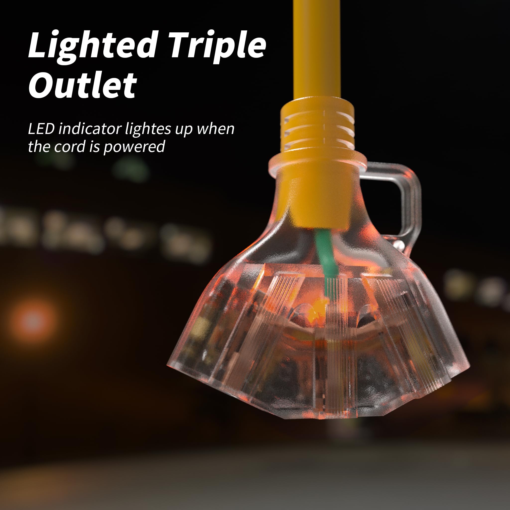 PlugSaf rugged outdoor extension cord with three outlets powers multiple tools.