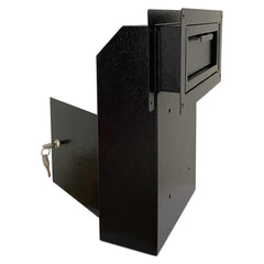 Plugsharge door drop box front view showing sturdy steel housing for secure mail.