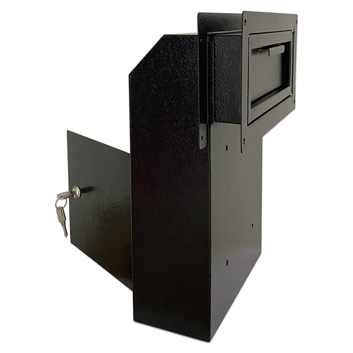 Plugsharge door drop box front view showing sturdy steel housing for secure mail.