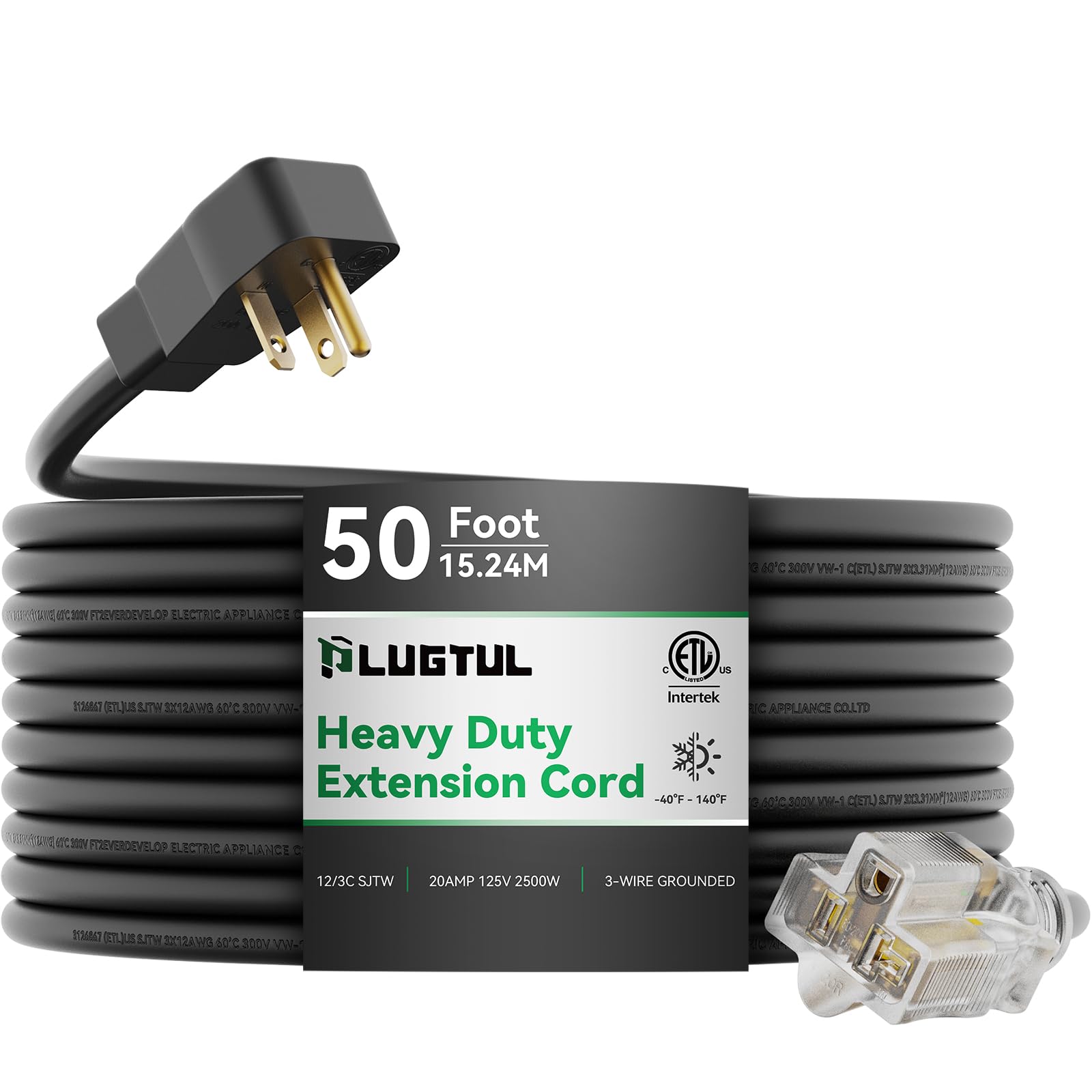 PLUGTUL 20A extension cord with a lit end confirms power delivery in low light