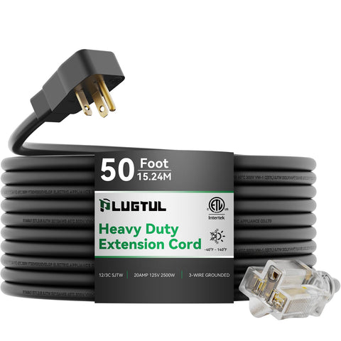 PLUGTUL 20A extension cord with a lit end confirms power delivery in low light