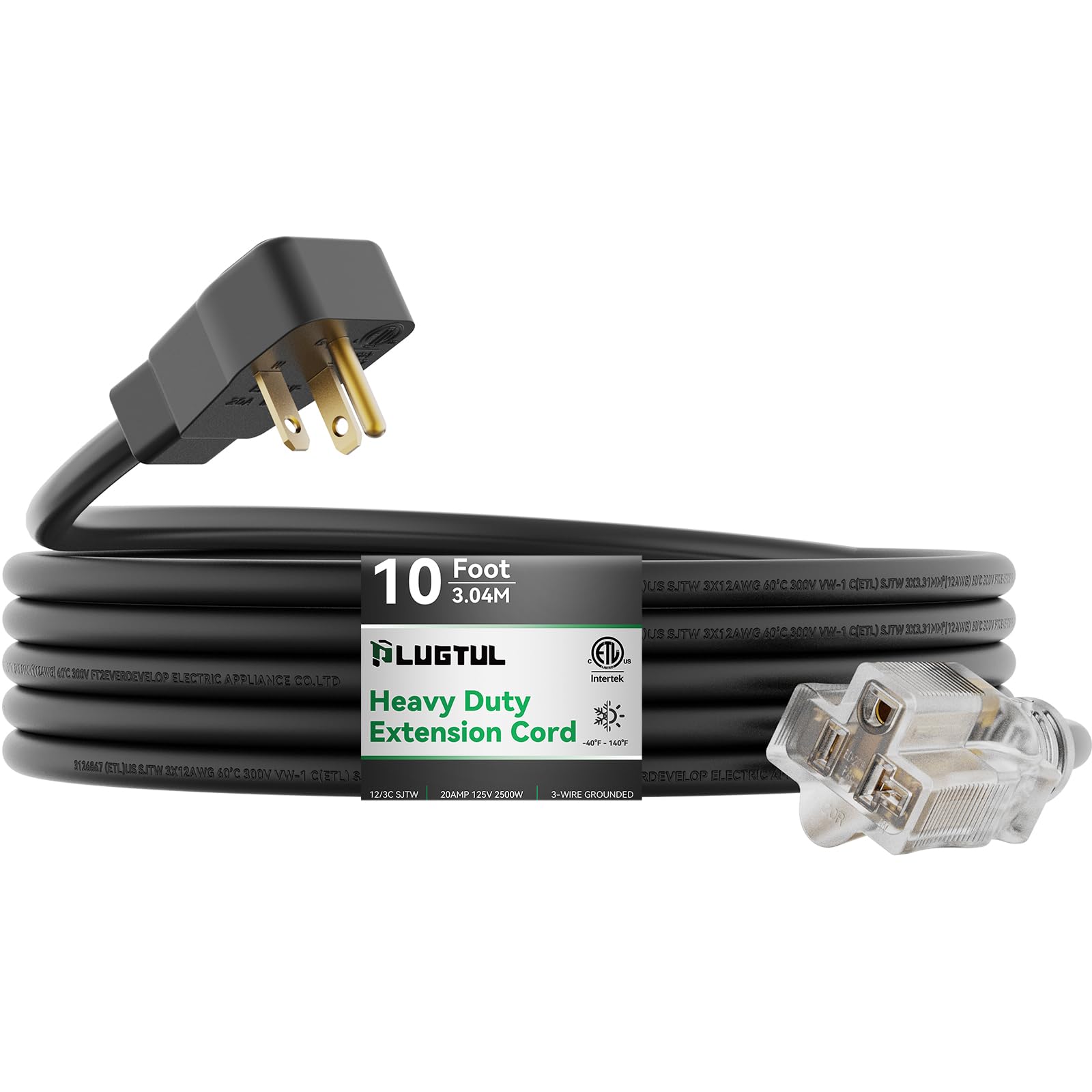 PLUGTUL lighted end 10ft extension cord with power indicator for safe connections.