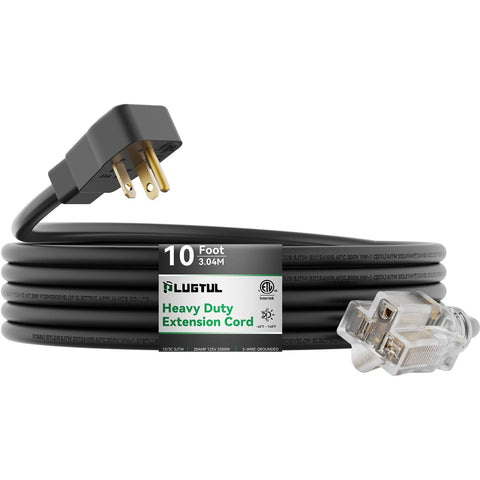 PLUGTUL lighted end 10ft extension cord with power indicator for safe connections.