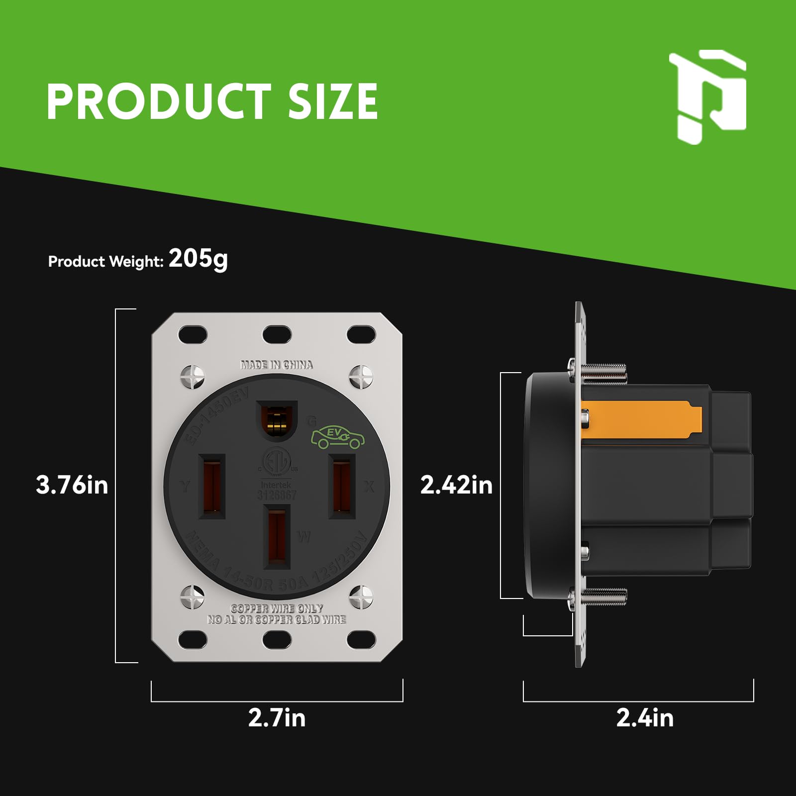PLUGTUL NEMA 14-50R ETL-listed for safety and compliance.