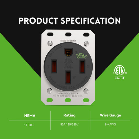 PLUGTUL NEMA 14-50R supports EV charging with 50A capacity for Level 2 charging.