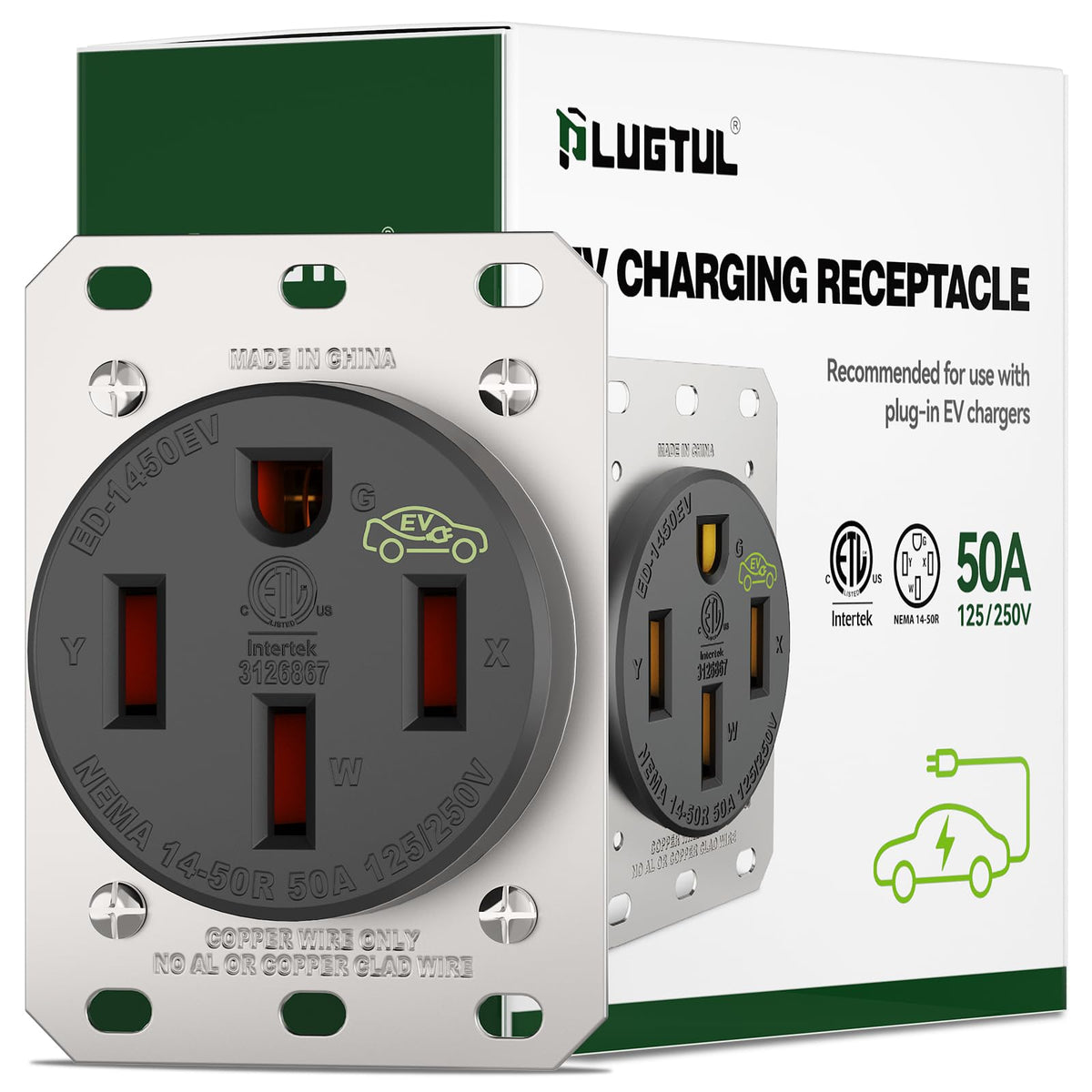 PLUGTUL NEMA 14-50R outlet with wall plate for safe high-current indoor use.
