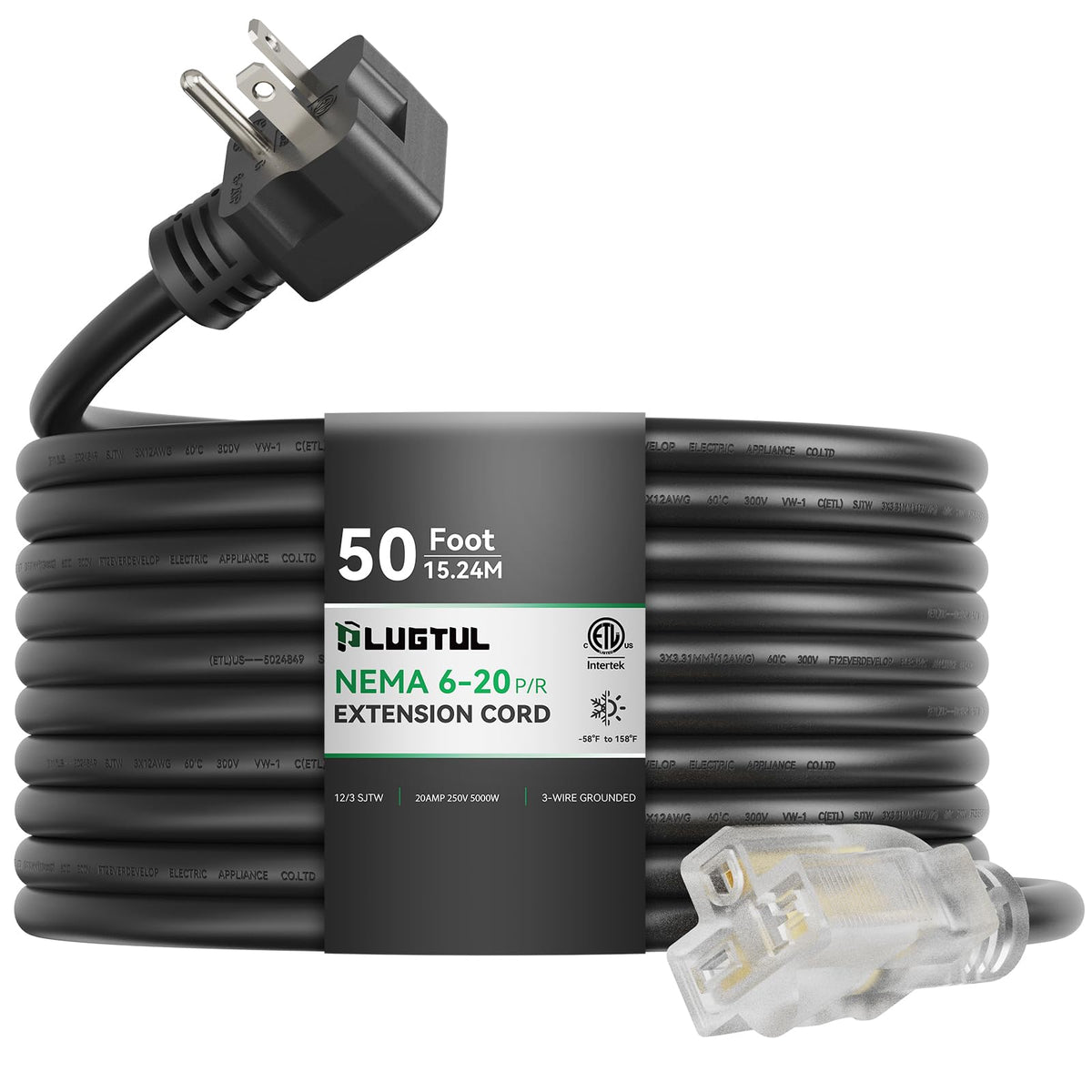 PLUGTUL NEMA 6-20 50ft extension cord in black for heavy-duty power.
