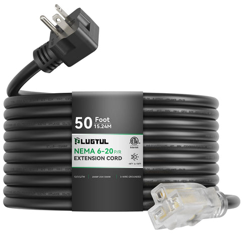 PLUGTUL NEMA 6-20 50ft extension cord in black for heavy-duty power.