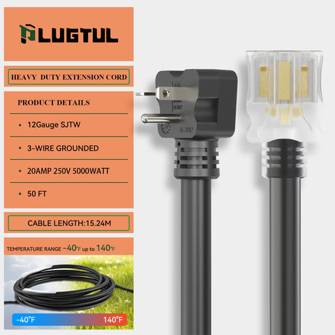 PLUGTUL NEMA 6-20 extension cord with lit outlets indicating power.