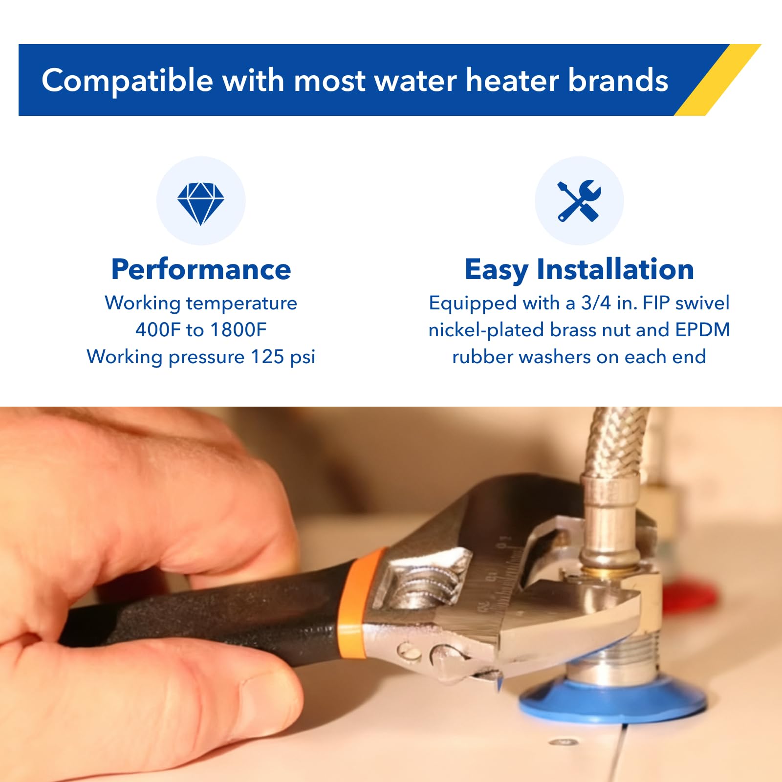 High strength plumbing connector supports up to 125 PSI and 221 F max