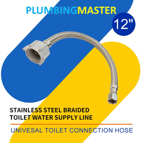 PLUMBINGMASTER braided stainless steel toilet line emphasizing durability.