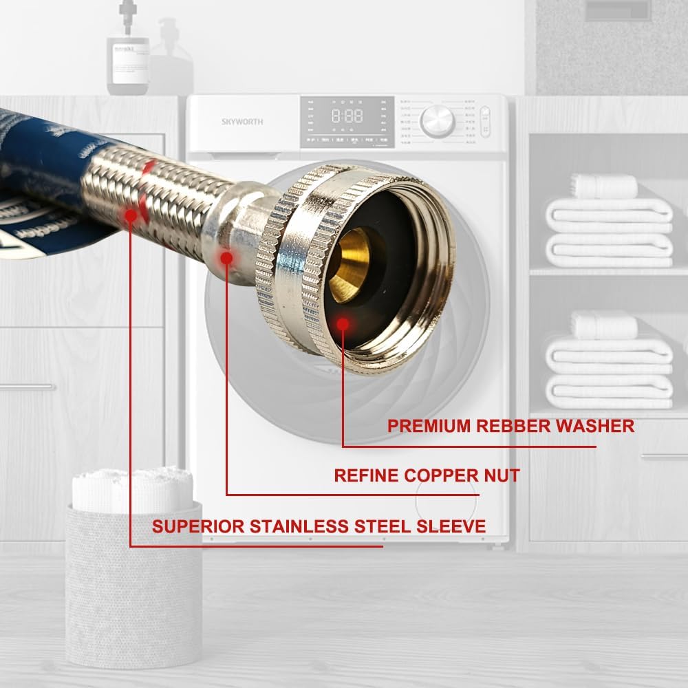 PLUMBINGMASTER cold water hose 90° elbow enables space-saving setup.