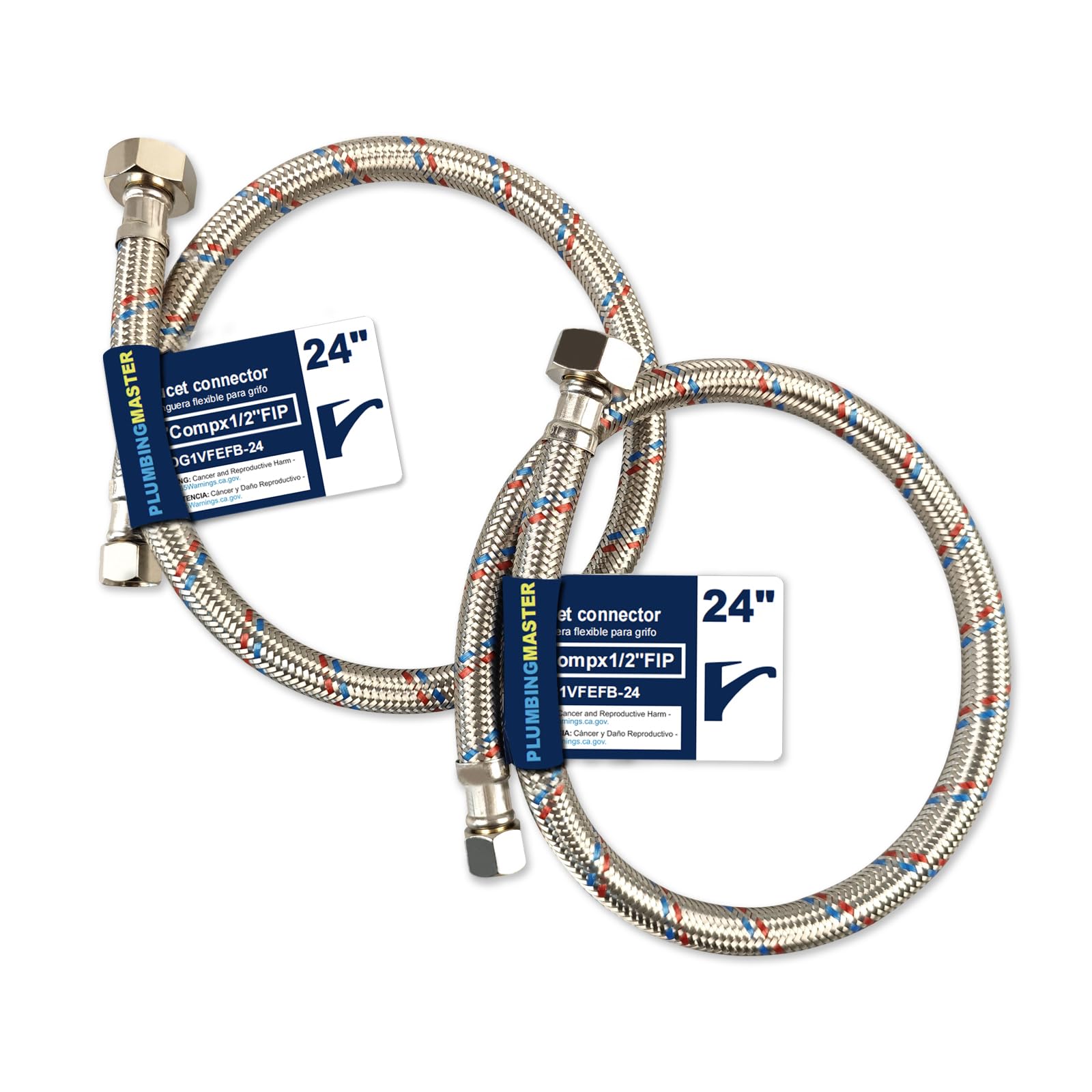 PLUMBINGMASTER faucet hose showing 3-8 comp to 1-2 FIP connectors for versatile installs