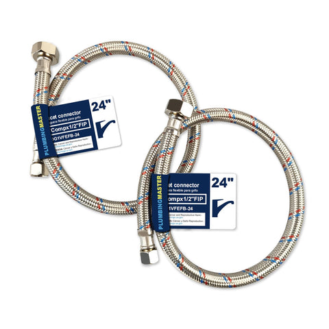 PLUMBINGMASTER faucet hose showing 3-8 comp to 1-2 FIP connectors for versatile installs