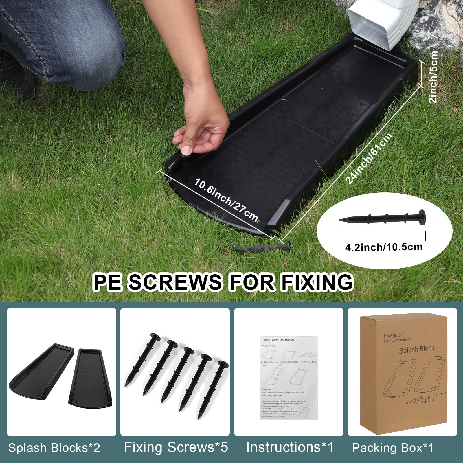 Plusgutter black splash block blends with gutters and supports drainage.