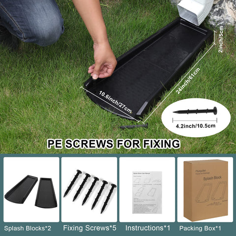 Plusgutter black splash block blends with gutters and supports drainage.