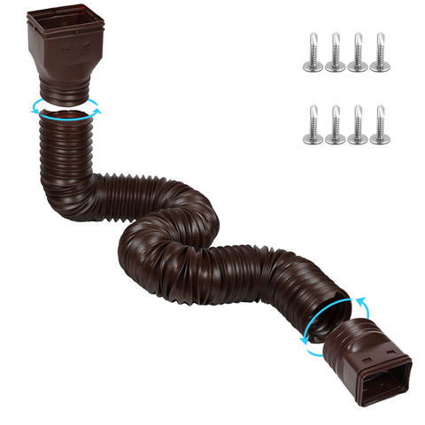 Plusgutter brown downspout extender with extended length for flexible rainwater routing.