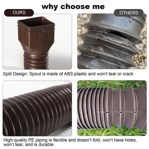 Plusgutter brown downspout extender shows a flexible bend for tight outdoor layouts.