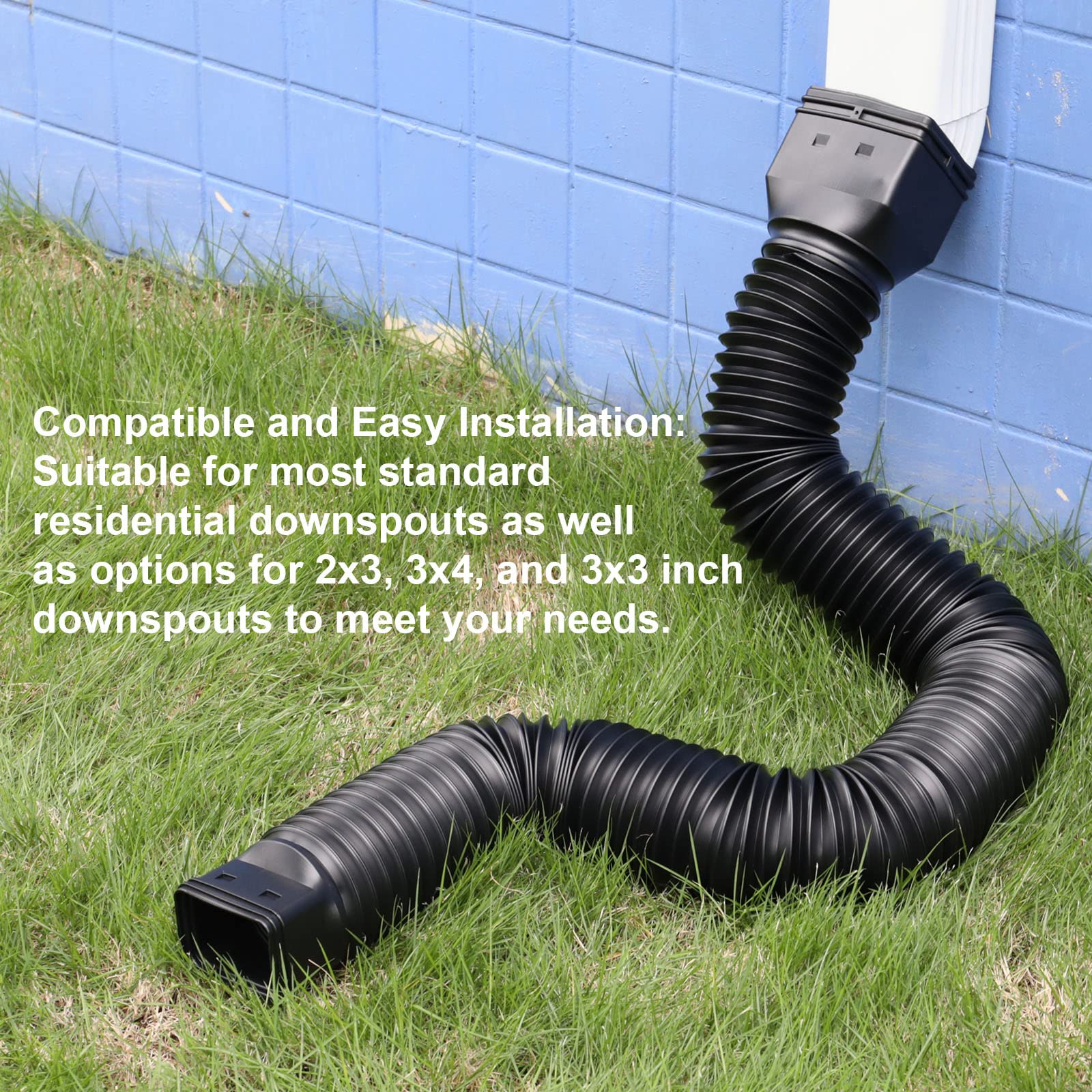 Packaging shows rain drain pipes, adapters, and screws