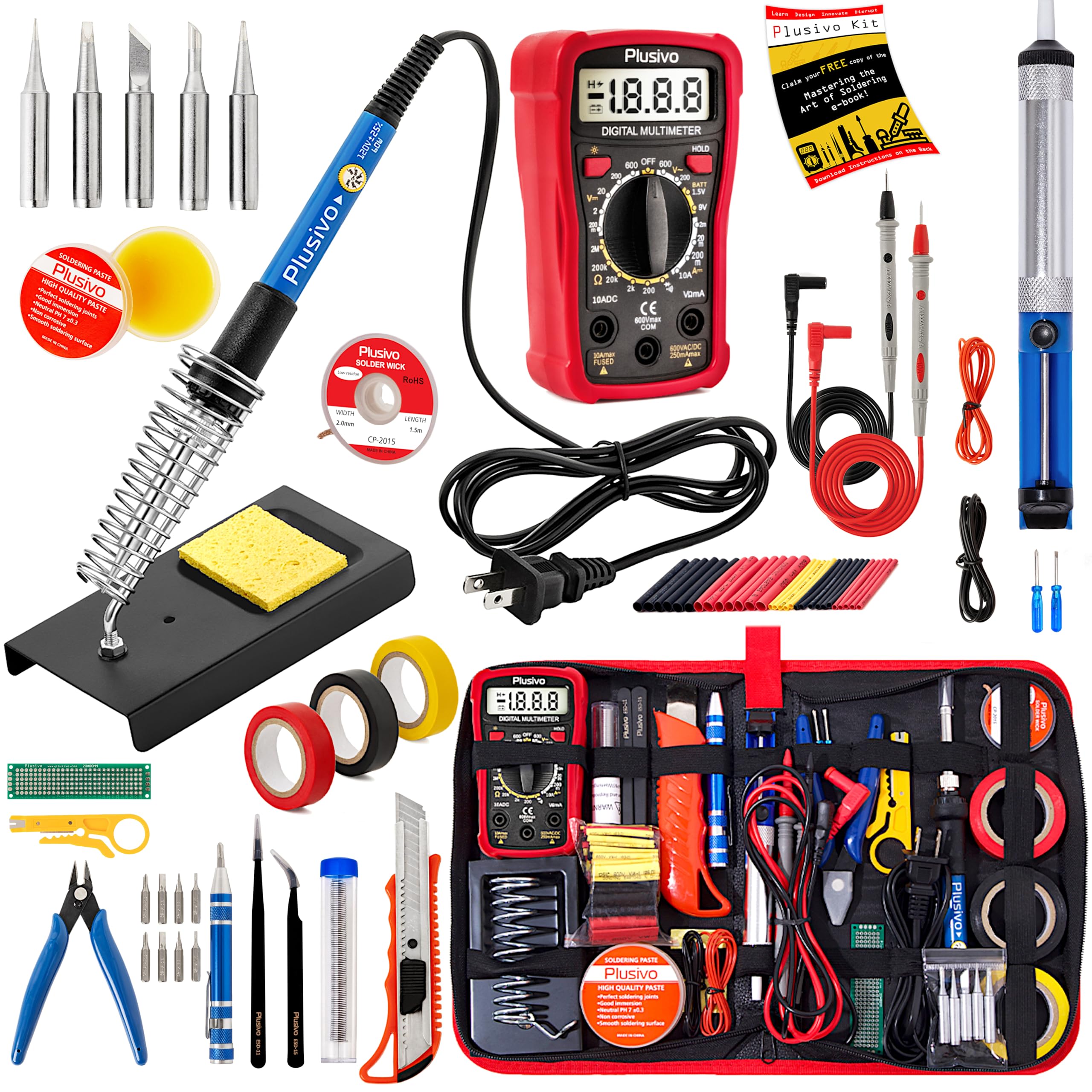 Plusivo Soldering Iron Kit setup showing a complete electronics toolkit for home repairs and hobbies