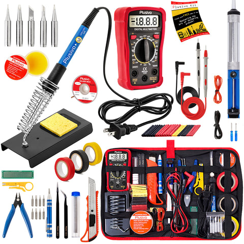 Plusivo Soldering Iron Kit setup showing a complete electronics toolkit for home repairs and hobbies